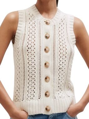 Me+Em Cotton Open Stitch Sweater Vest Pointelle Knit Sleeveless V-Neck Cardigan